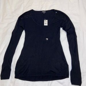 EXPRESS Black Sweater Rhinestone Beaded Shoulder Detail, Size XS NWT